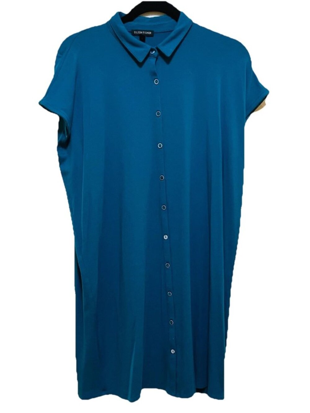 EILEEN FISHER Blue Jersey Cap Sleeve Button Bup Placket Shirt Dress Sz XS
